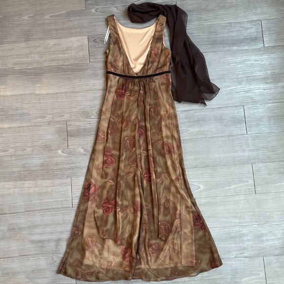 Vtg 90s Scott McClintock Empire Waist Brown Rose Autumnal Gown Brown Scarf Sz S - Picture 2 of 8